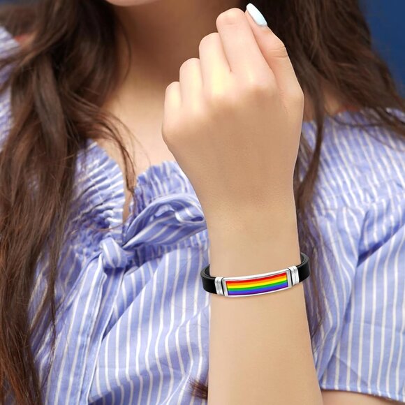 Fashionable Rubber and Stainless Steel Rainbow Bracelet - Multi-Occasion Wear - Picture 2 of 7